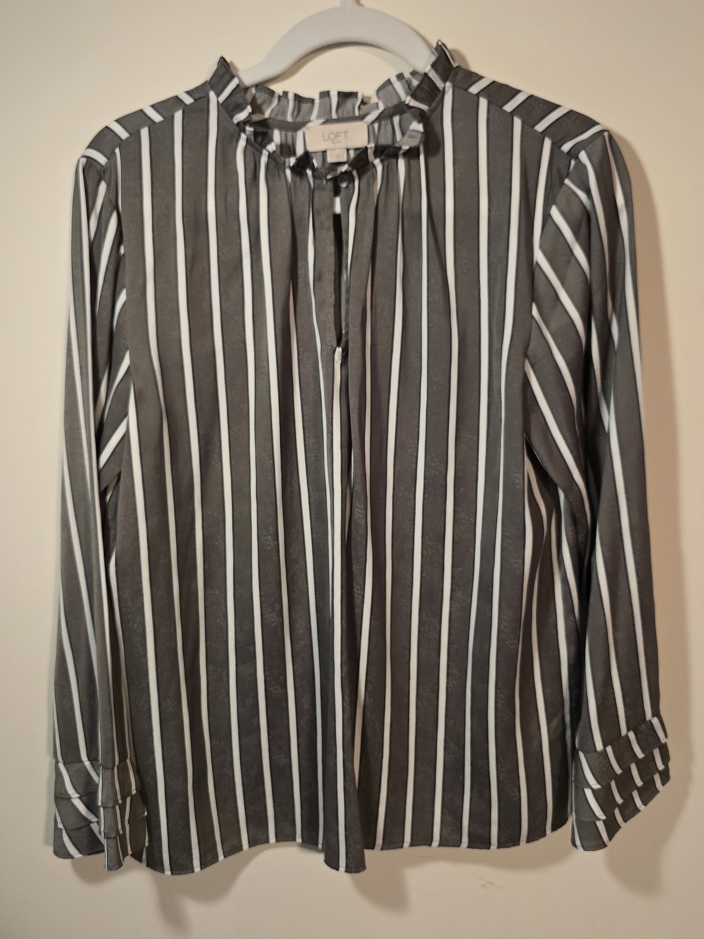 LOFT Black & White Vertical Stripe Ruffle Neck Button-Down Blouse